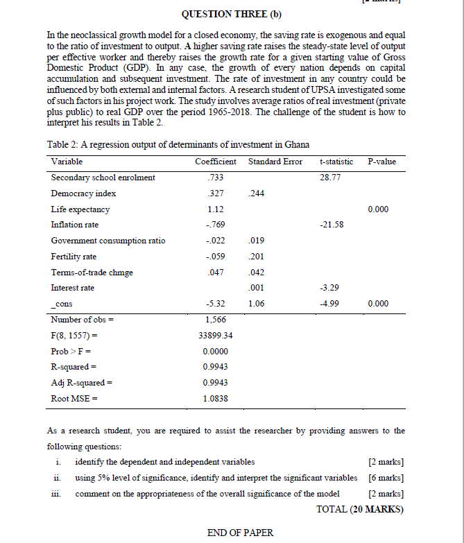 QUESTION THREE (b) In the neoclassical growth