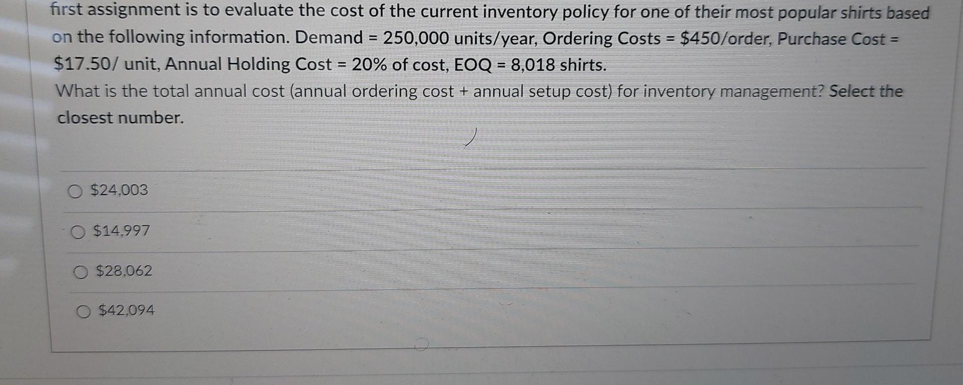 first assignment is to evaluate the cost of the