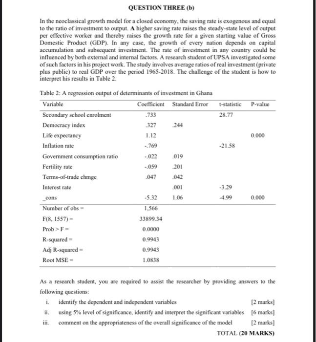 QUESTION THREE (b) In the neoclassical growth
