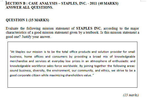 SECTION B: CASE ANALYSIS - STAPLES, INC. - 2011