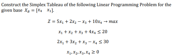 Construct the Simplex Tableau of the following