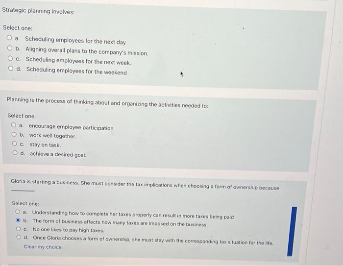 please answer Strategic planning involves: Select