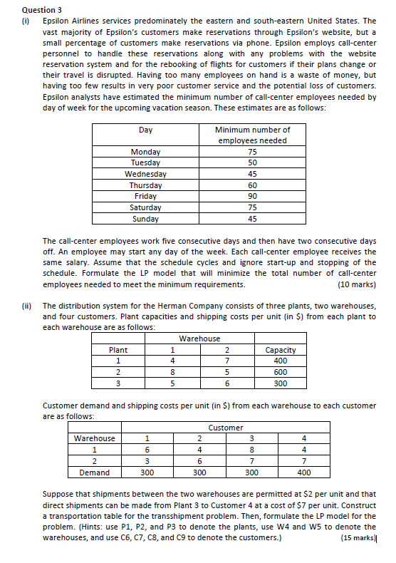 Question 3 (1Epsilon Airlines services