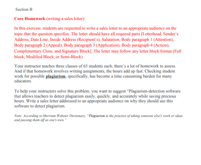 Section B Core Homework (writing a sales letter):