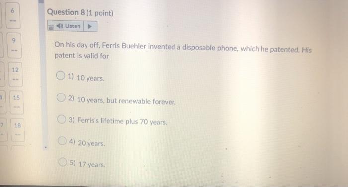 please answer fast Question 8 (1 point) Listen 9