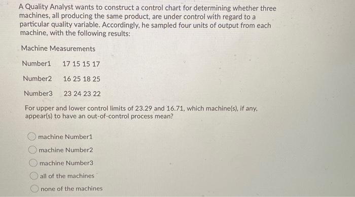 A Quality Analyst wants to construct a control
