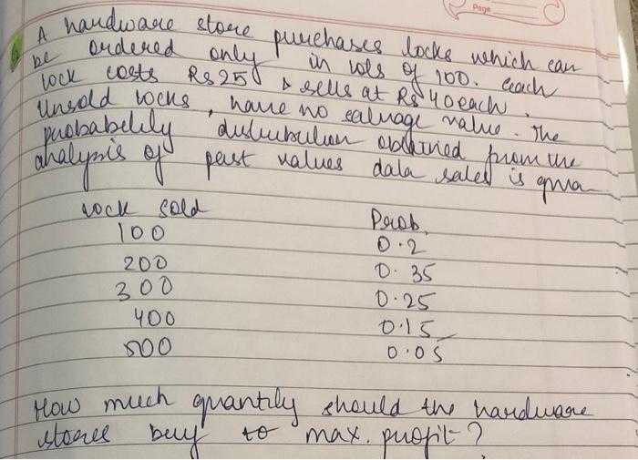 Please show all steps page A be lock costs Rs 250