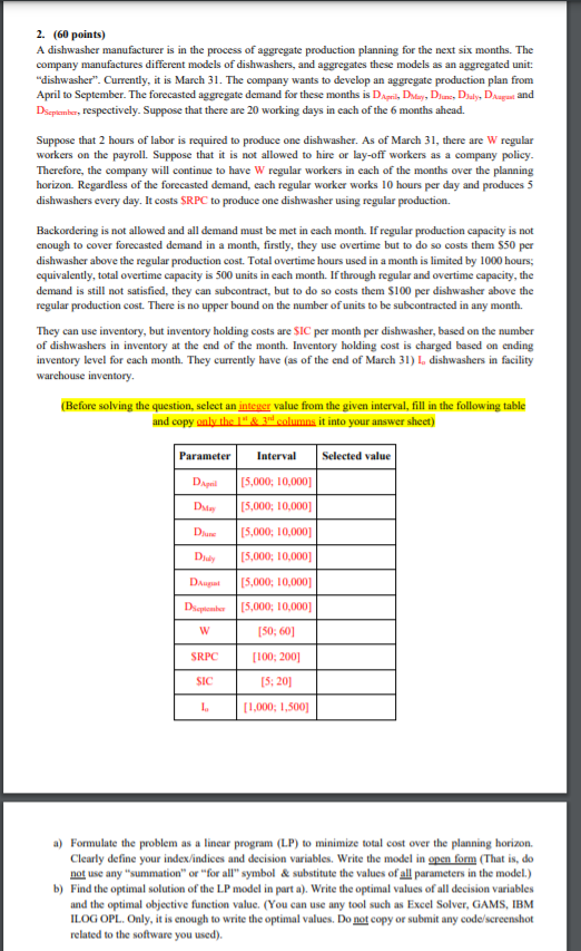 2. (60 points) A dishwasher manufacturer is in