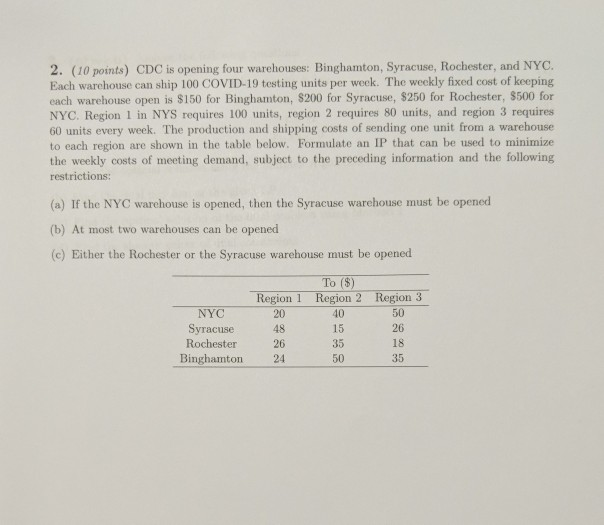 2. (10 points) CDC is opening four warehouses: