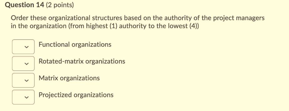 Question 14 (2 points) Order these organizational