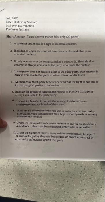 Fall, 2022 Law 150 (Friday Section) Midterm