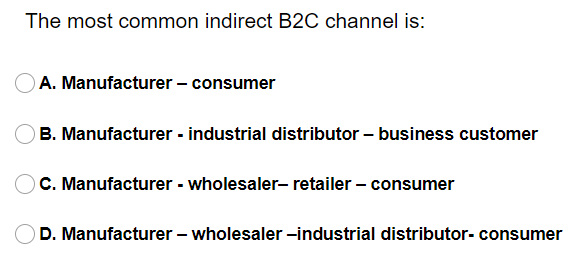 The most common indirect B2C channel is: A.