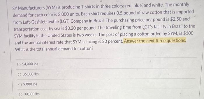 SY Manufacturers (SYM) is producing T-shirts in