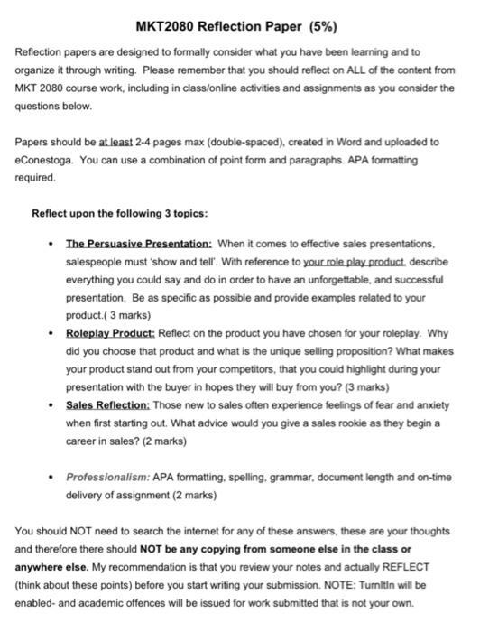 MKT2080 Reflection Paper (5%) Reflection papers