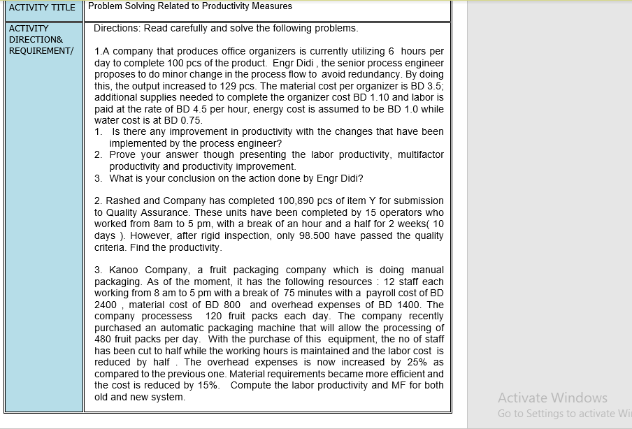 ACTIVITY TITLE ACTIVITY DIRECTION& REQUIREMENT/