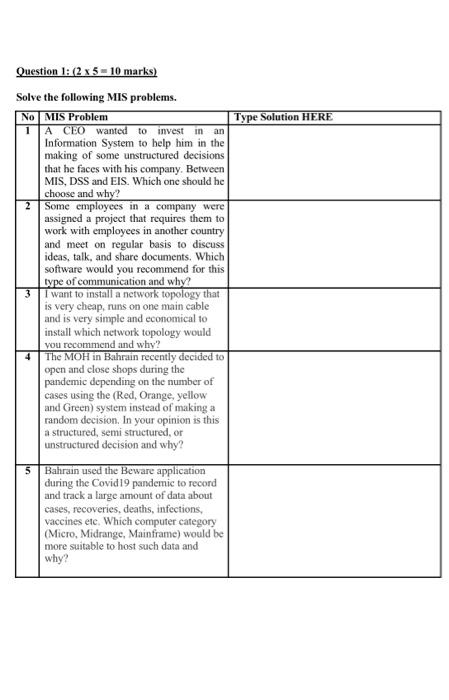 Type Solution HERE Question 1: (2 x 5 = 10 marks)