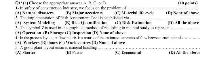Q1/(a) Choose the appropriate answer A, B, C, or