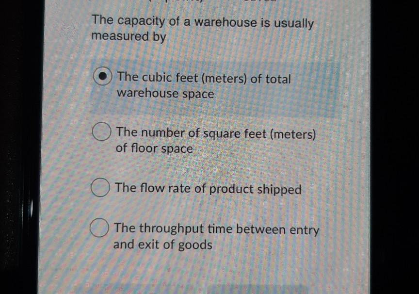 The capacity of a warehouse is usually measured
