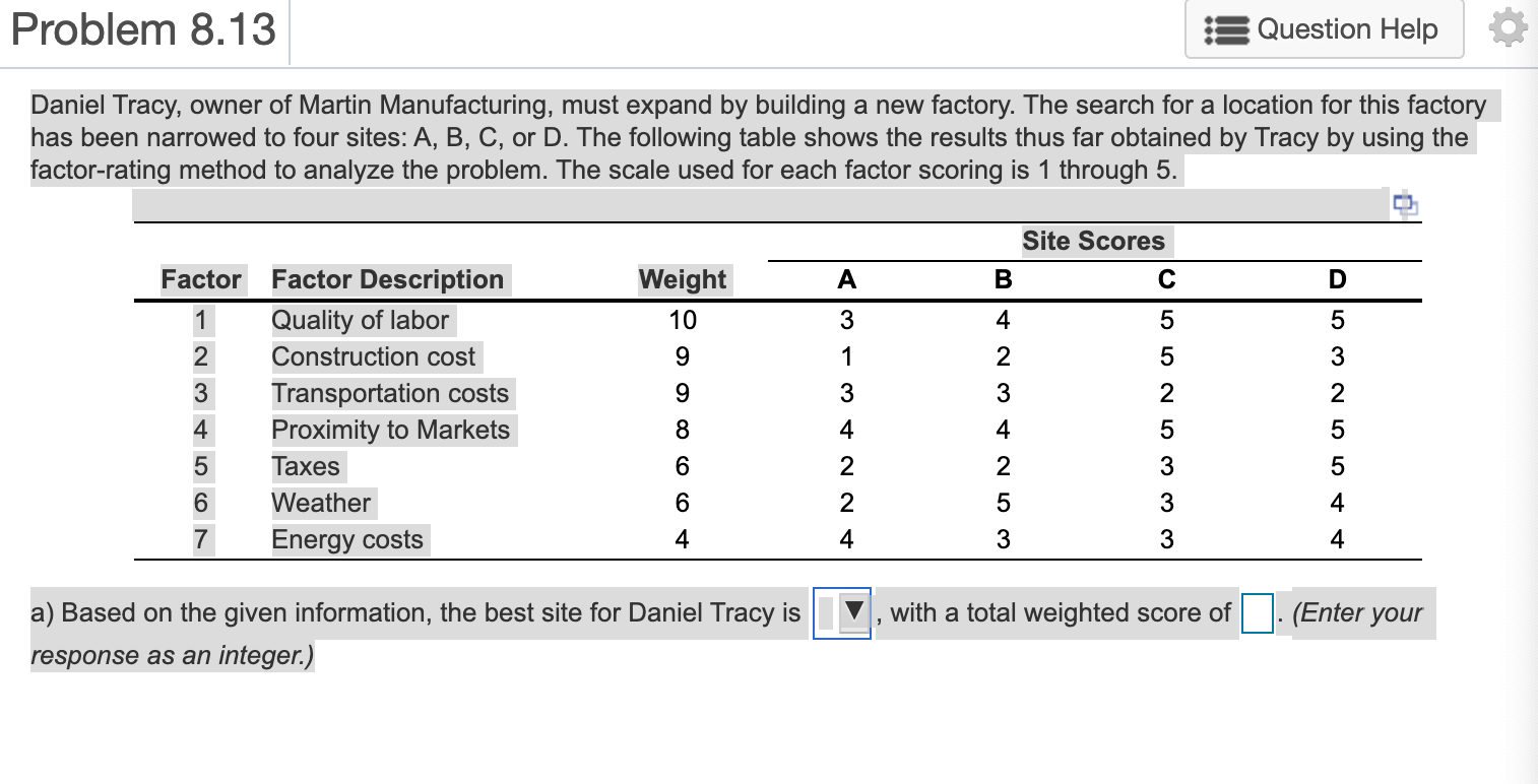 Problem 8.13 Question Help Daniel Tracy, owner of