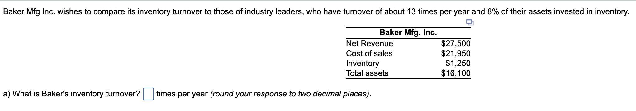 Baker Mfg Inc. wishes to compare its inventory