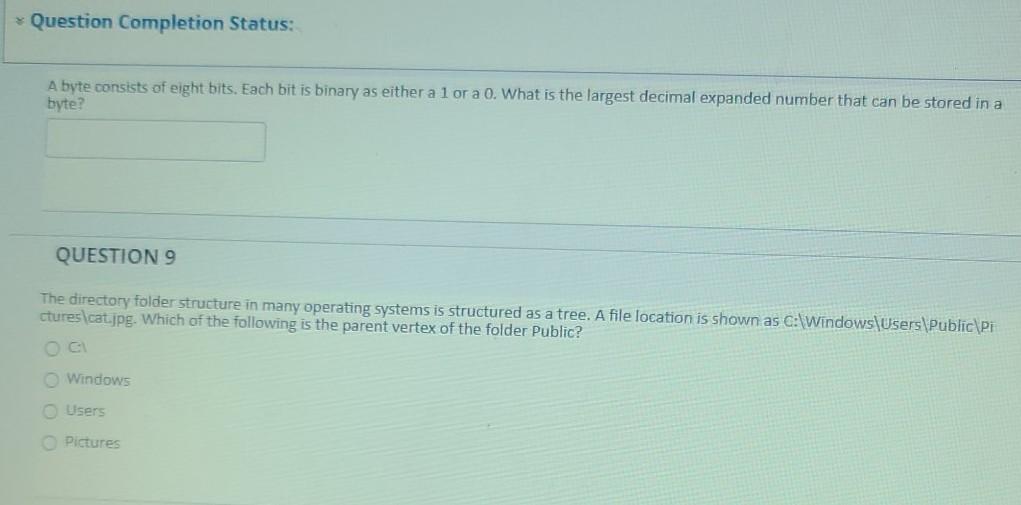 Question Completion Status: A byte consists of