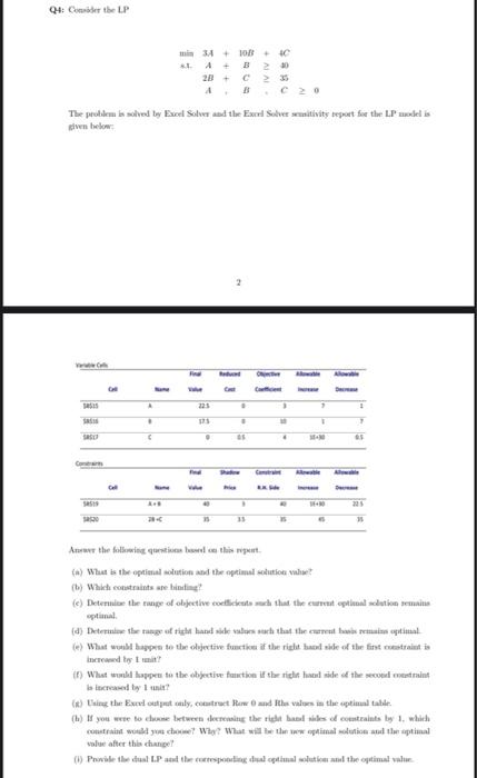 Q4: Ce the LP min 34 + 100C B 2B + C 35 The