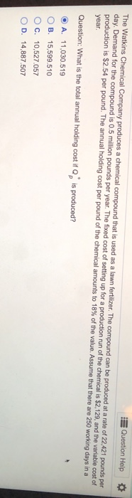 Question Help The Watkins Chemical Company