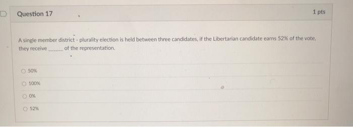 D Question 17 1 pts A single member district -