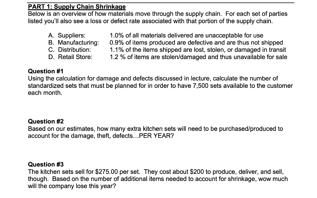 Please help with question 1-3 PART 1: Supply