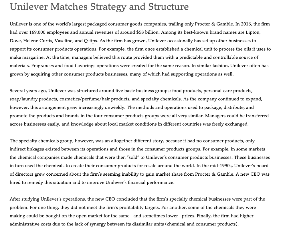 Identify the basic control issues at Unilever