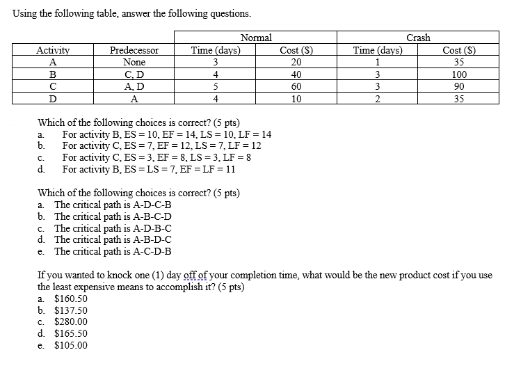 Using the following table answer the following
