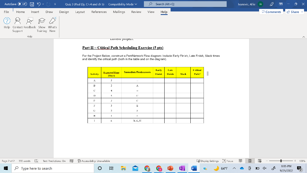 Complete the diagram Part I- - Citical Path