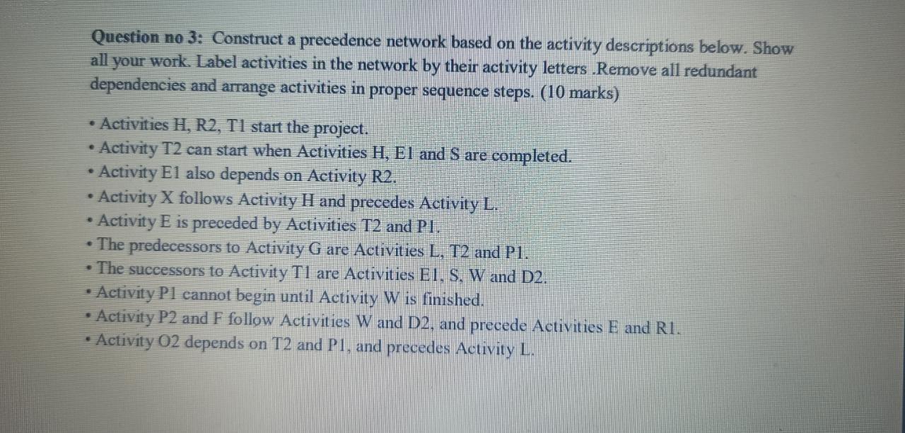 Question no 3: Construct a precedence network