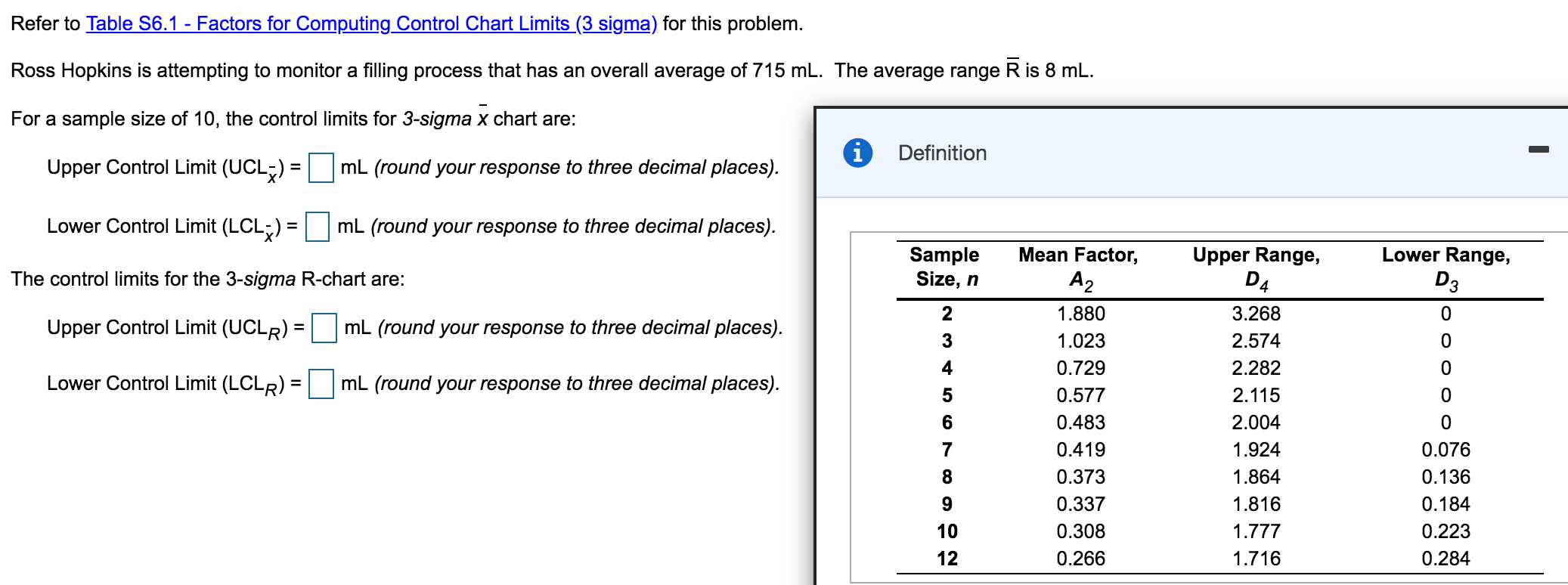 Refer to Table 56.1 - Factors for Computing