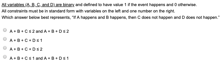 All variables (A, B, C, and D) are binary and
