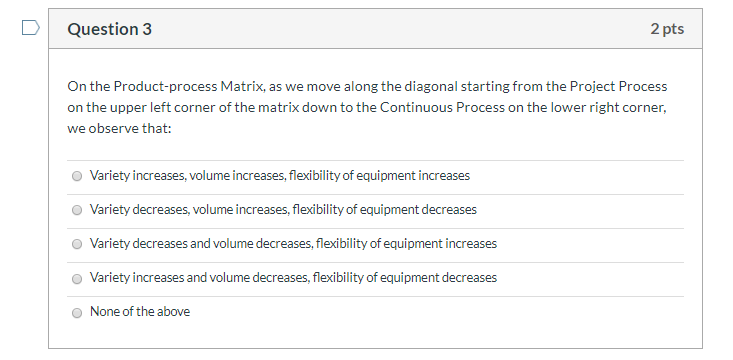 Question 3 2 pts On the Product-process Matrix,