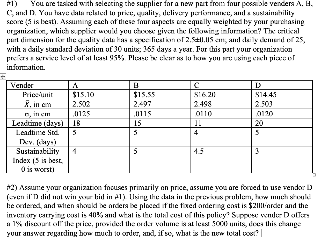#1) You are tasked with selecting the supplier