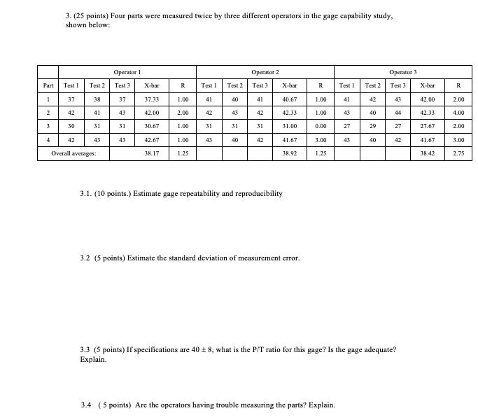 3. (25 points) Four parts were measured twice by