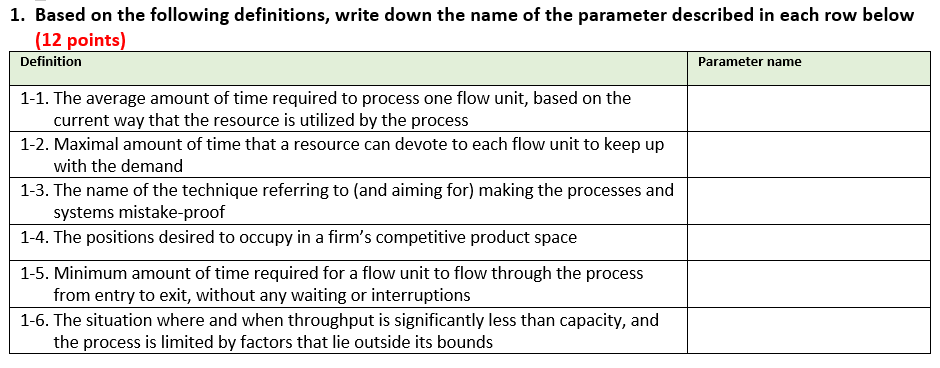 1. Based on the following definitions, write down