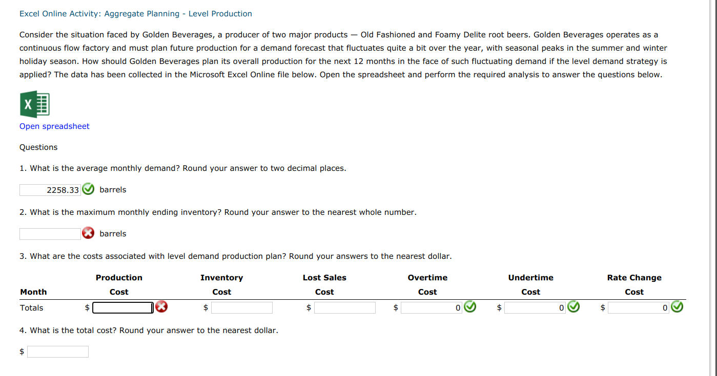 Excel Online Activity: Aggregate Planning - Level