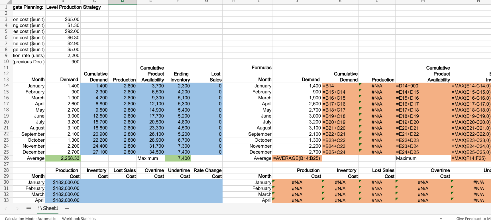 Excel Online Activity: Aggregate Planning - Level