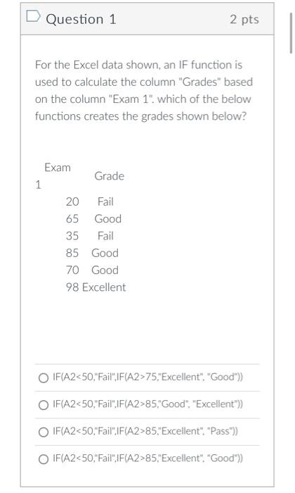 Question 1 2 pts For the Excel data shown, an IF