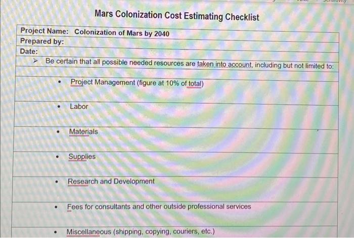 MARS COLONIZATION COST ESTIMATION PLEASE ESTIMATE