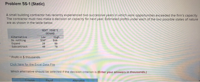 Problem 5S-1 (Static) A small building contractor