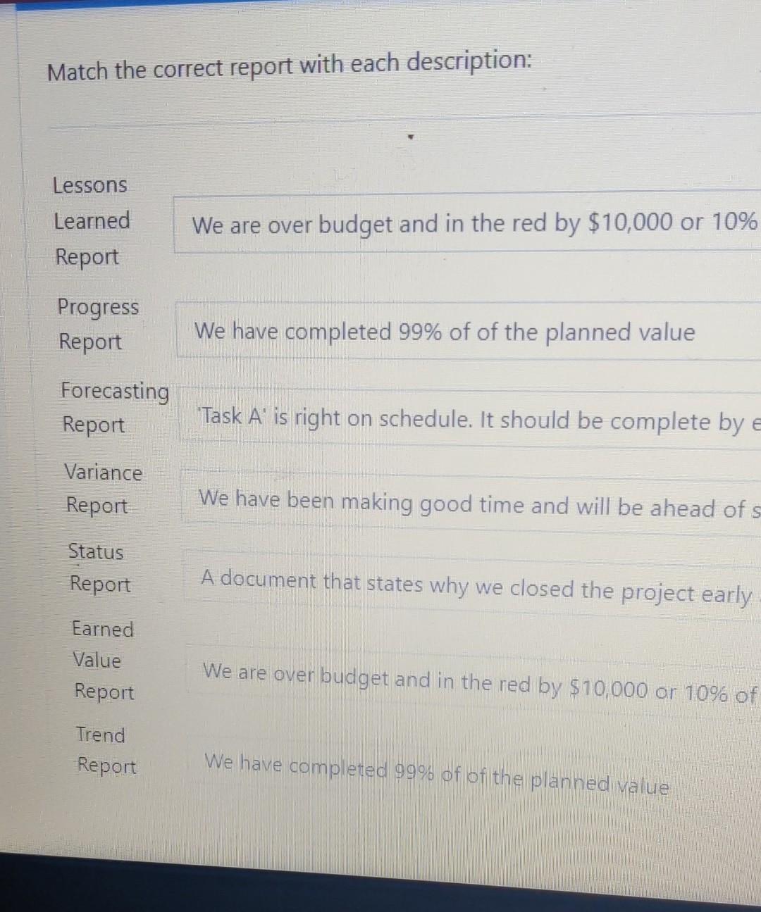 Match the correct report with each description: