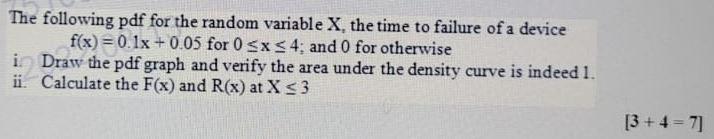 The following pdf for the random variable X, the