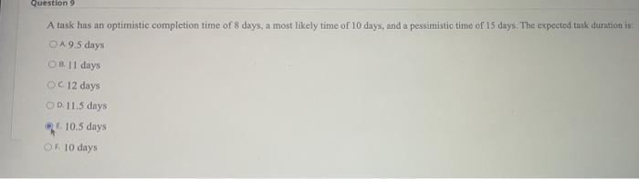 Question 9 A task hus an optimistic completion