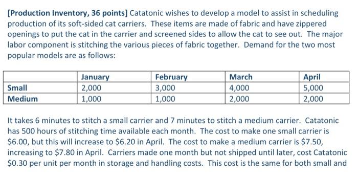 [Production Inventory, 36 points) Catatonic