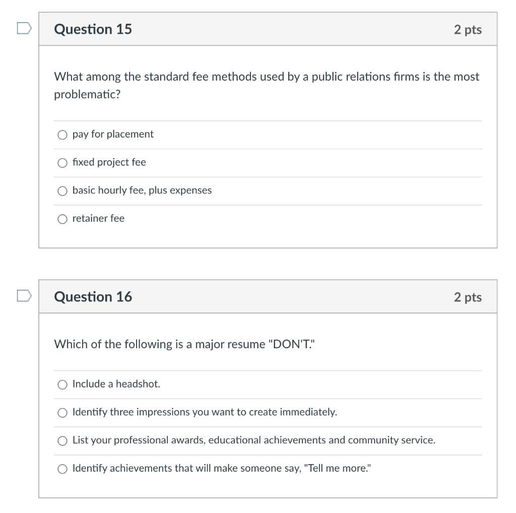 Question 15 2 pts What among the standard fee