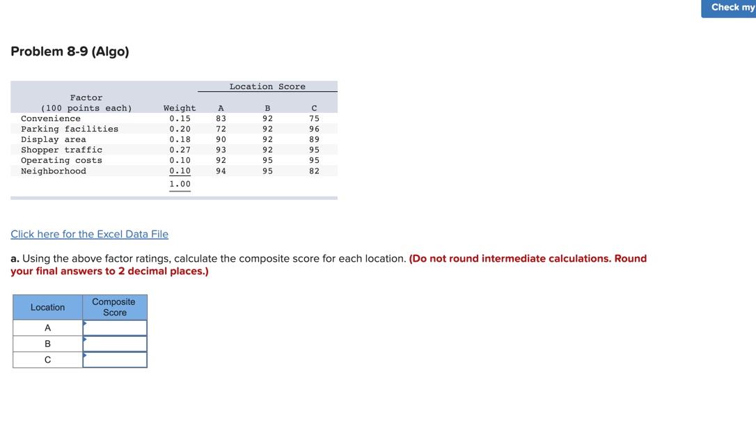 Problem 8-9 (Algo) Click here for the Excel Data